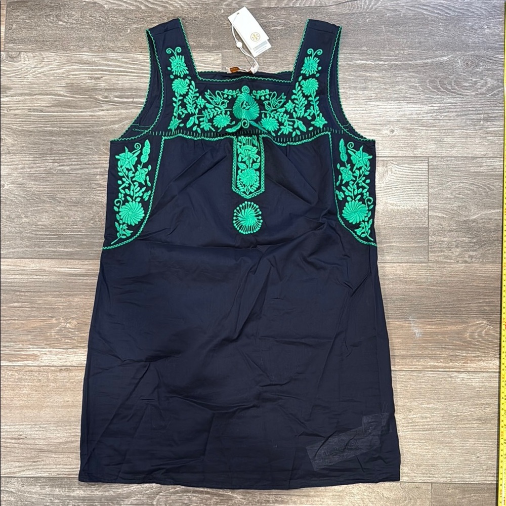 NWT Tory Burch shift Navy Cotton Dress with Green Embroidery perfect for summer